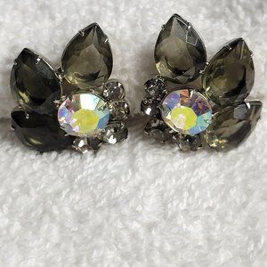 Womens Clip On Earrings With Smoky Bead and AB Aurora Borealis Prong Set 1 in